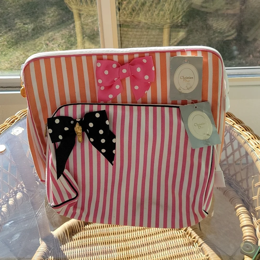 Christian Dior rare vintage pink and peach striped cosmetic bags, 2 piece